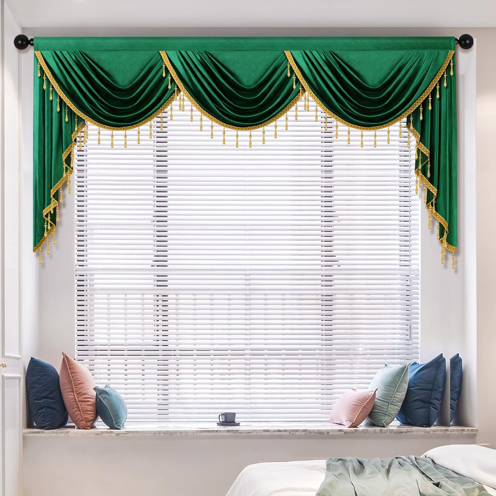 ELKCA Luxury Dark Green Velvet Curtain Valances for Living Room with Beads(98...