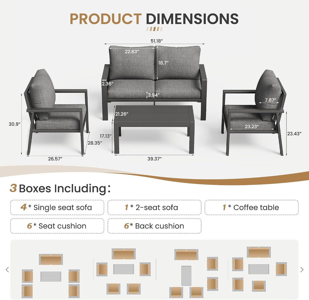 6 Pieces Aluminum Outdoor Patio Furniture Set 6-Seat Deck Furniture Patio Con...