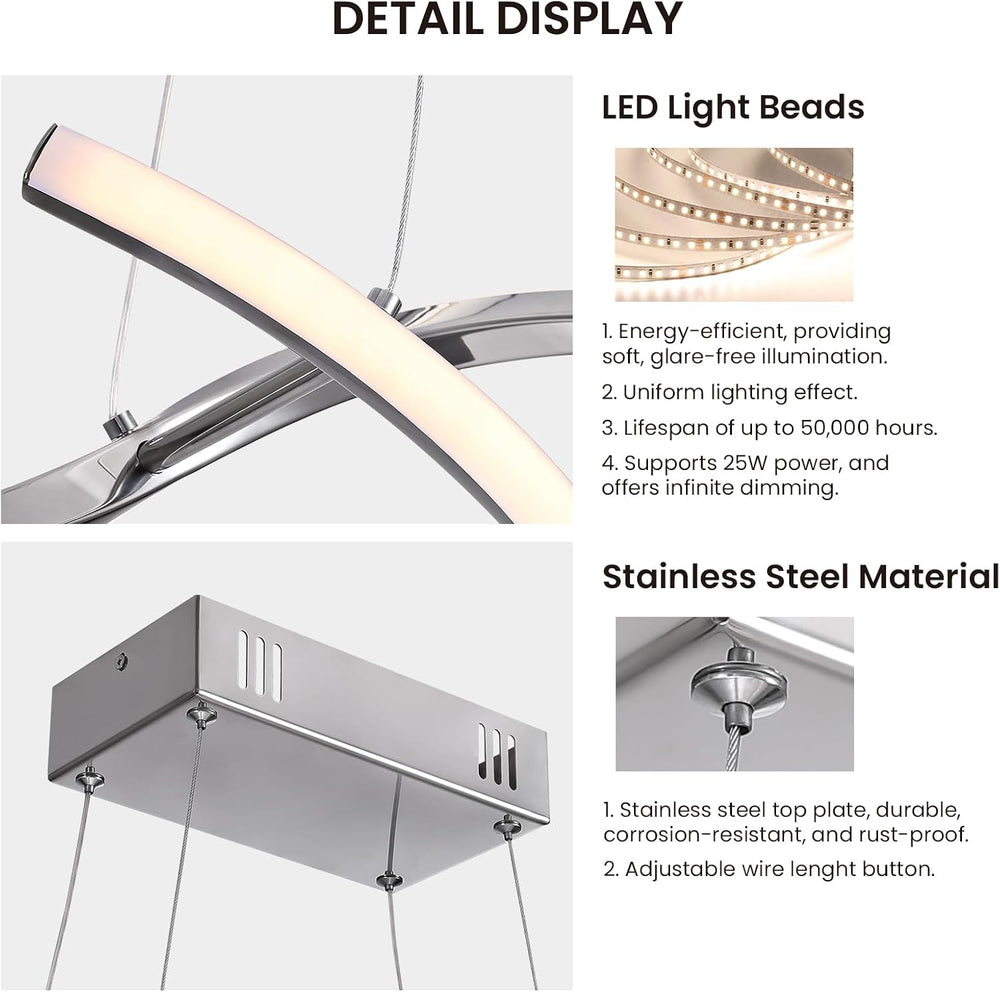 NOXARTE Modern LED Chandelier Dimmable Hanging Ceiling Light, Silver Pendant ...