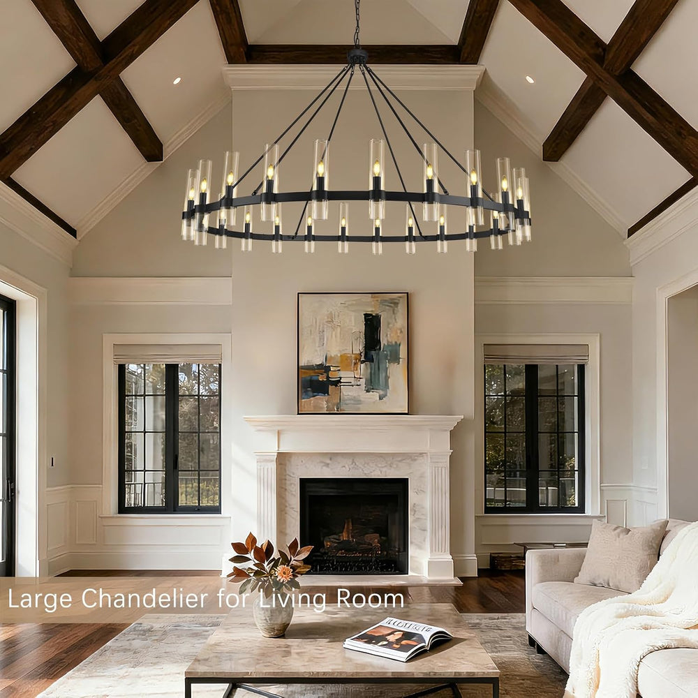70" Black Wagon Wheel Chandelier, 24-Light Large Farmhouse Chandeliers f...