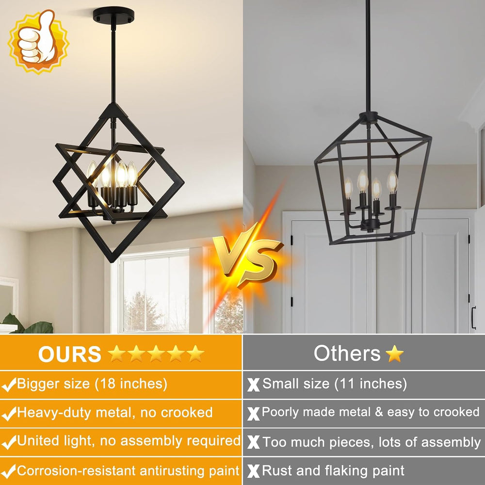 18" Modern Black Chandelier for Dining Room, No Assembly Required 4-Ligh...