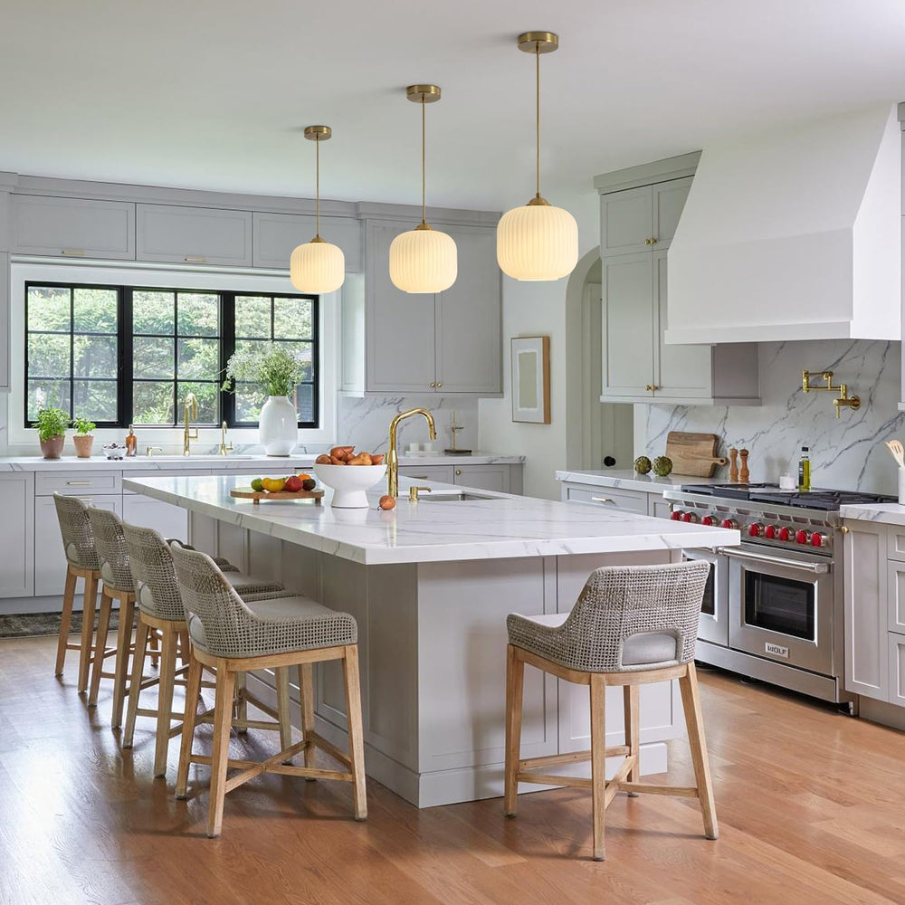 KCO Lighting 2 Pack Brushed Brass 7.9” White Ribbed Glass Pendant Lights
