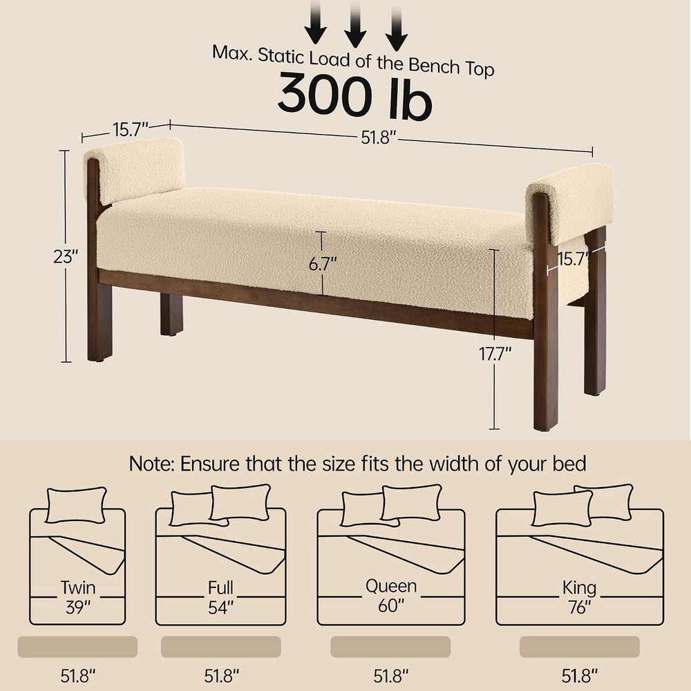VKNOW 51.8”End of Bed Bench Upholstered Bedroom Bench with Arms, Brown