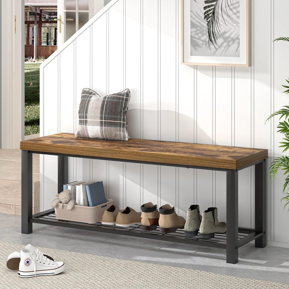EXCEFUR Entryway Bench, Modern Wood and Metal Storage Bench for Hallway Front...