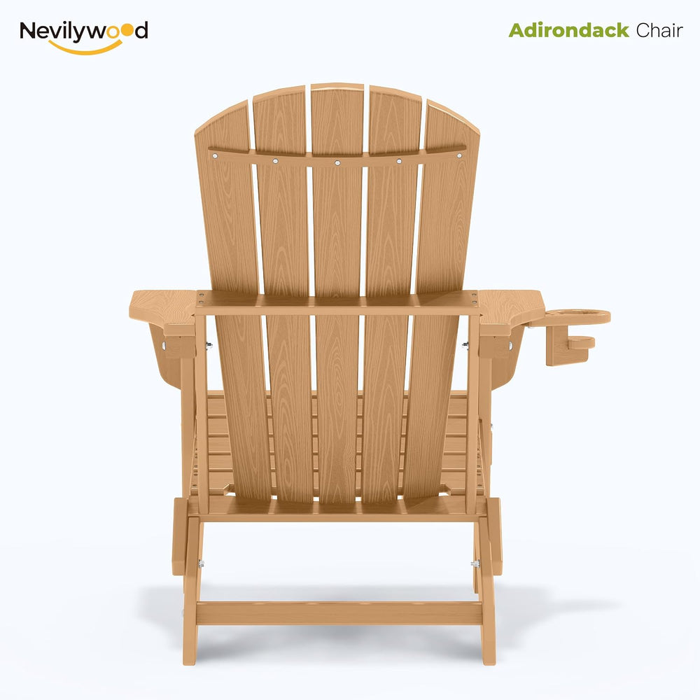 nevilywood Folding Adirondack Chairs Set of 4, HDPE Cup Holders, Teak