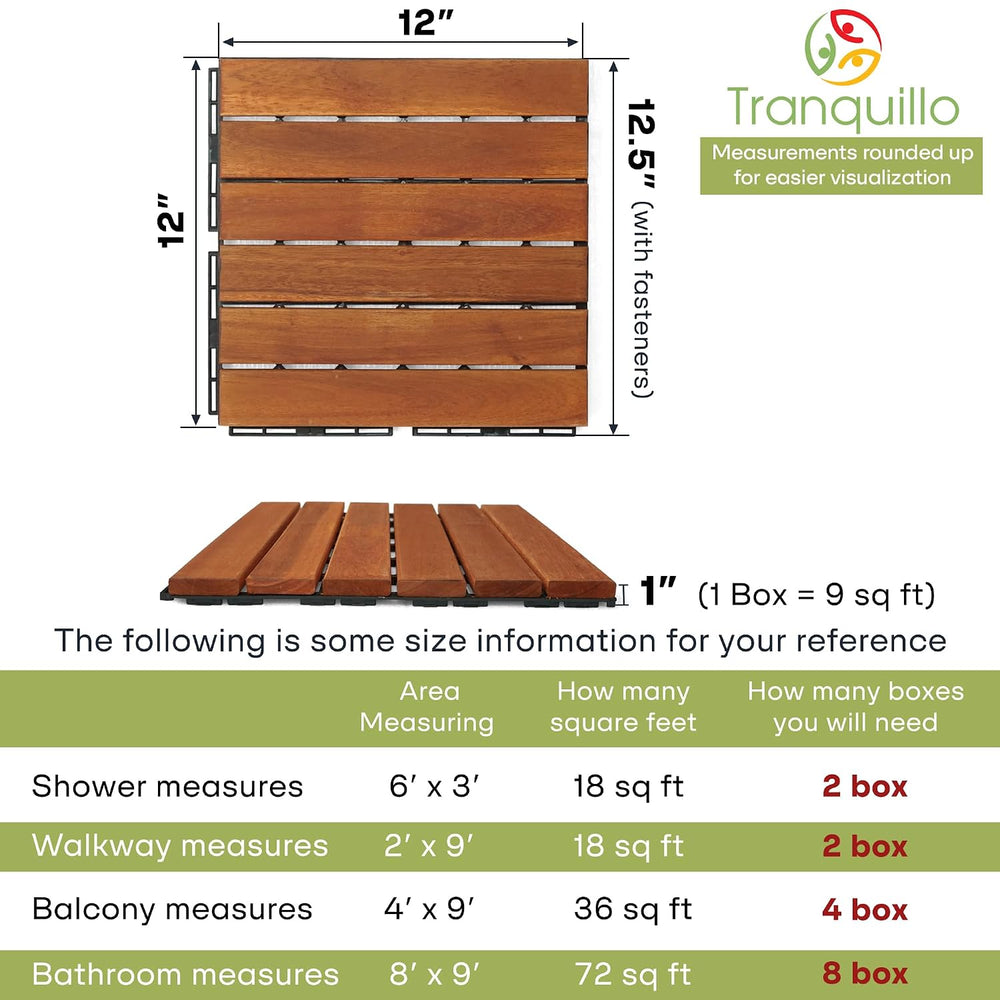 Acacia Wood Interlocking Deck Tiles, Waterproof Patio Tiles, 9 PCS- Natural