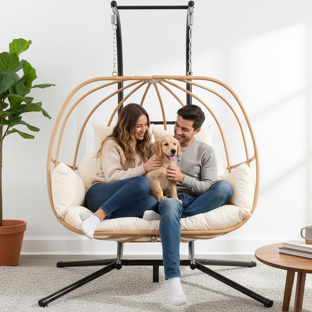 Hanging Chairs with Stand, All Weather Double Egg Chair Outdoor, Metal Hangin...