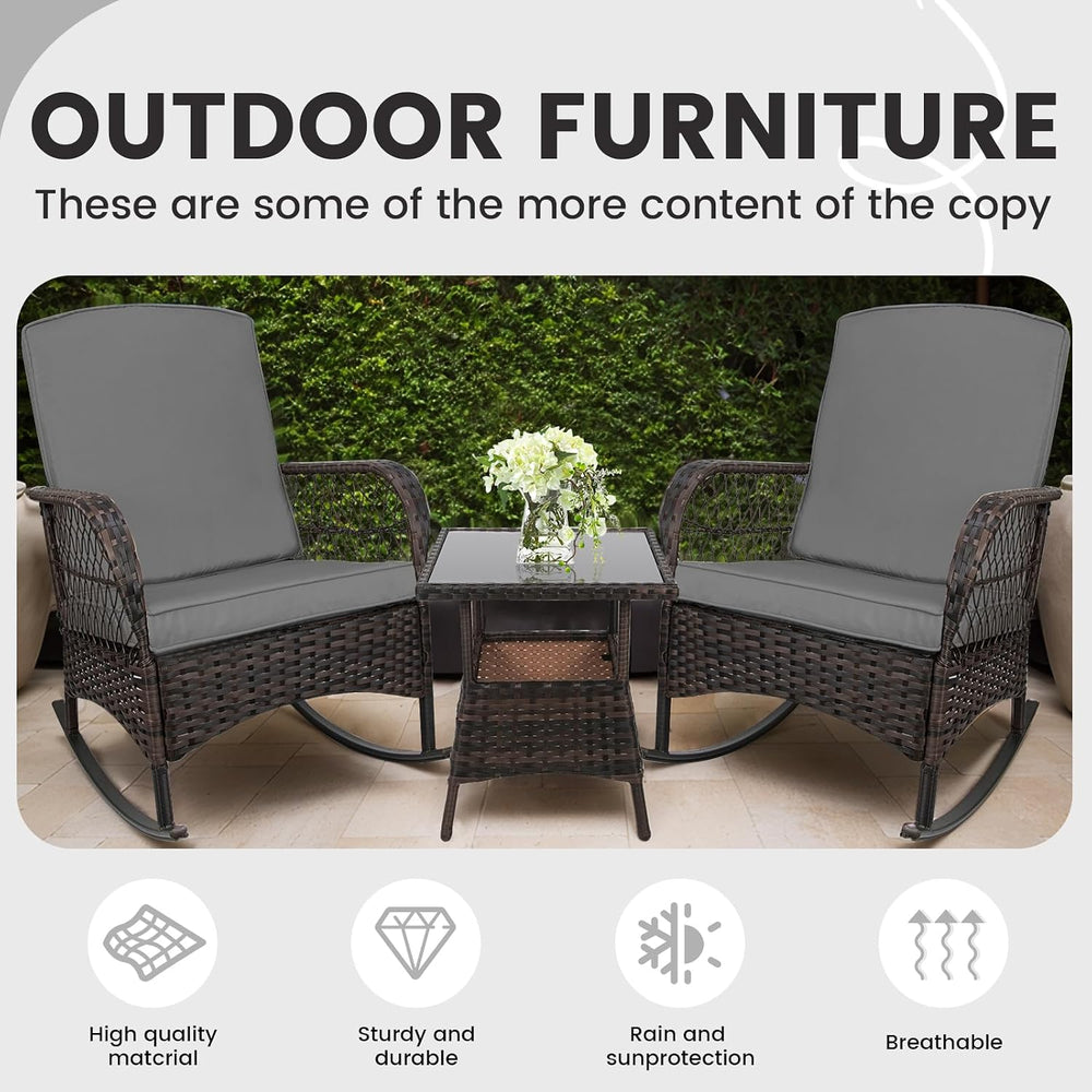 LEVELEVE 3 pcs Rocking Bistro Set Conversation Chairs PE Wicker Outdoor Rocki...