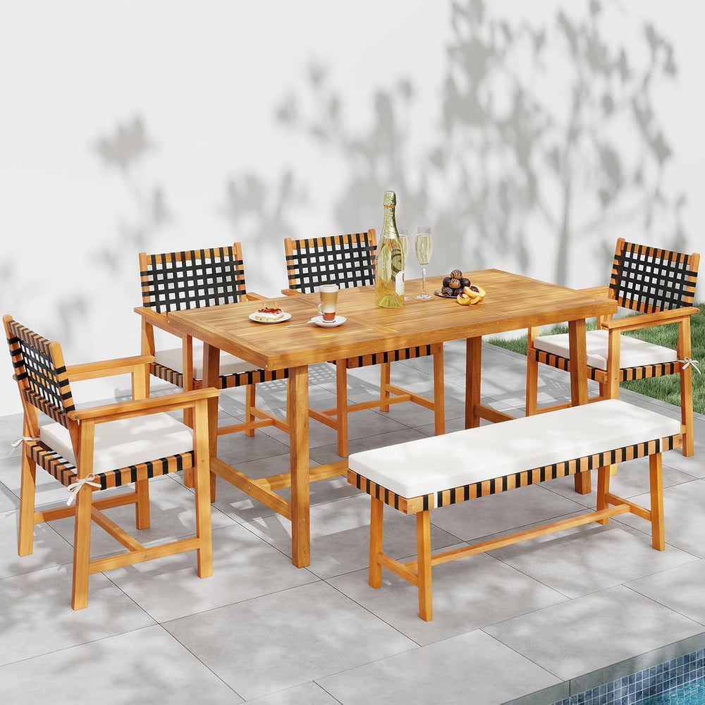 Tangkula 6 Piece Patio Dining Set for 5-6 People, 63” Outdoor Acacia Wood Tab...