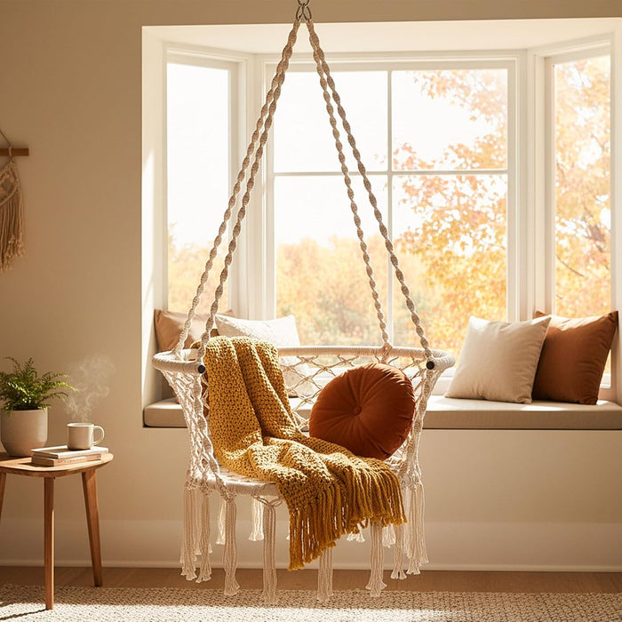 Giantex Hammock Chair, Macrame Swing Chair with 350 Lbs Capacity, Handwoven Tassels, Boho Hanging Chair for Bedroom, Living Room, Patio, Garden, Balcony, Indoor & Outdoor, (Beige)