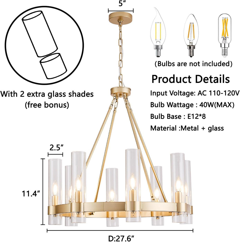 Wagon Wheel Chandelier 8-Light Glass Pendant Light, Industrial Modern Golden ...