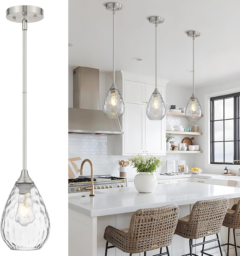 Glass Pendant Lights Kitchen Island, 1-Light Modern Brushed Nickel Pendant Li...