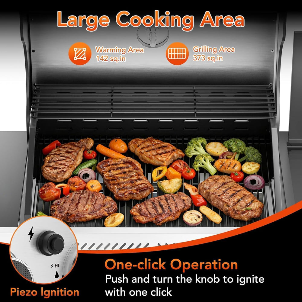 3-Burner Propane Gas Grill with Side Burner, 34,000 BTU Stainless Steel BBQ G...