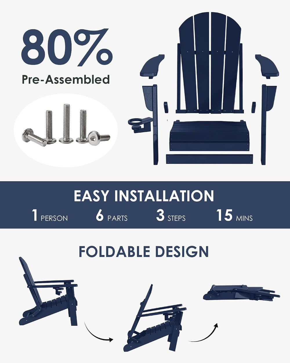 Folding Adirondack Chairs Set of 6, All-Weather Resistant HDPE Patio Firepit ...