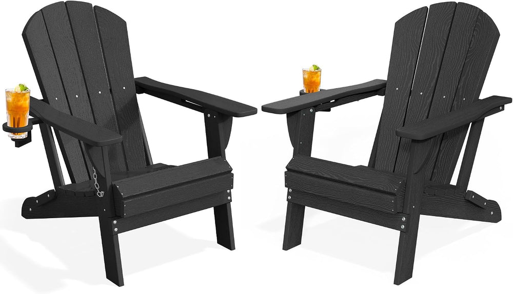 PLUUV Adirondack Chair Set of 2, Fire Pit Chairs with Cup Holder, Black