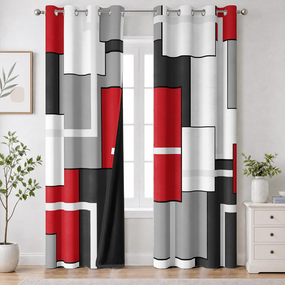 Modern Black Red Curtains, Geometric Blackout Window Panels, 52 x 84 Inch