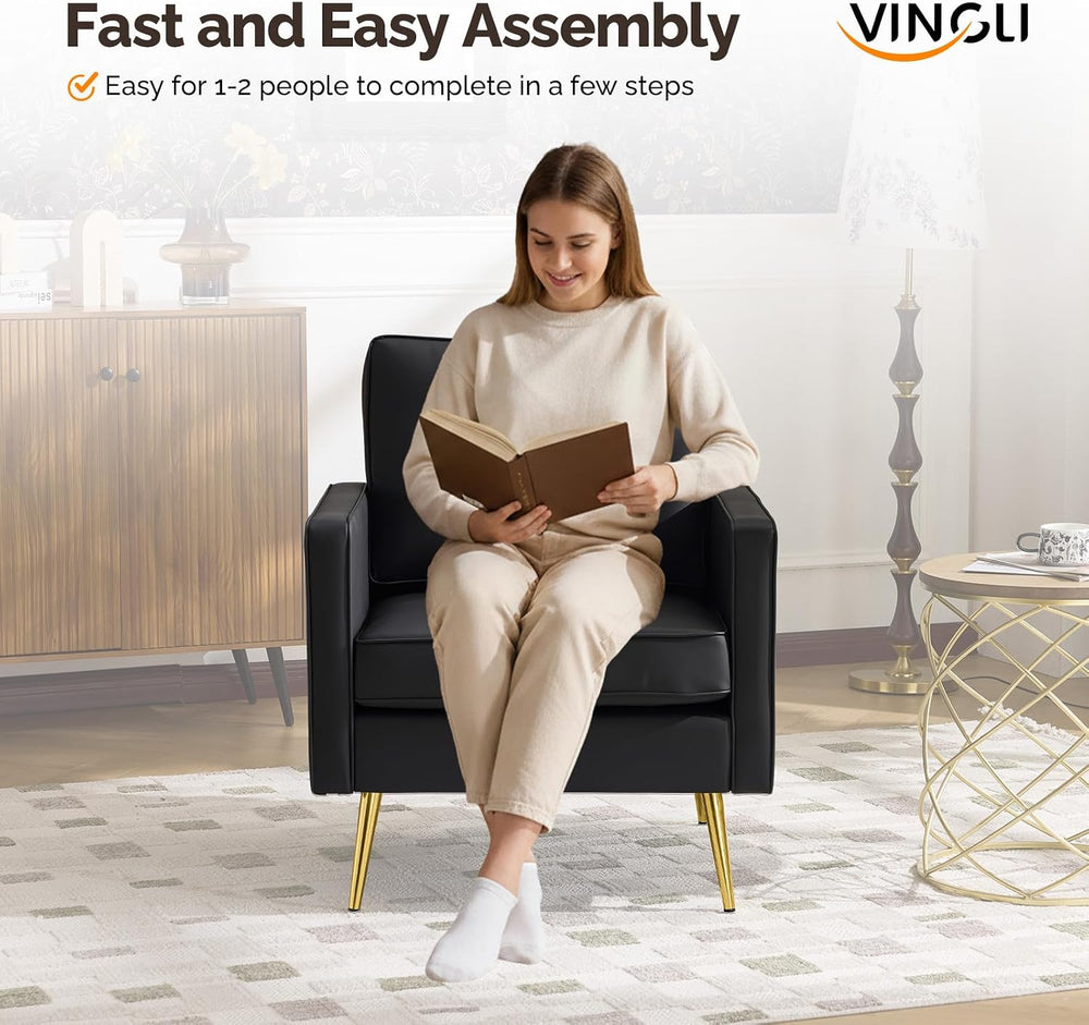 VINGLI Faux Leather Accent Chair with Gold Leg for Living Room, Small Space