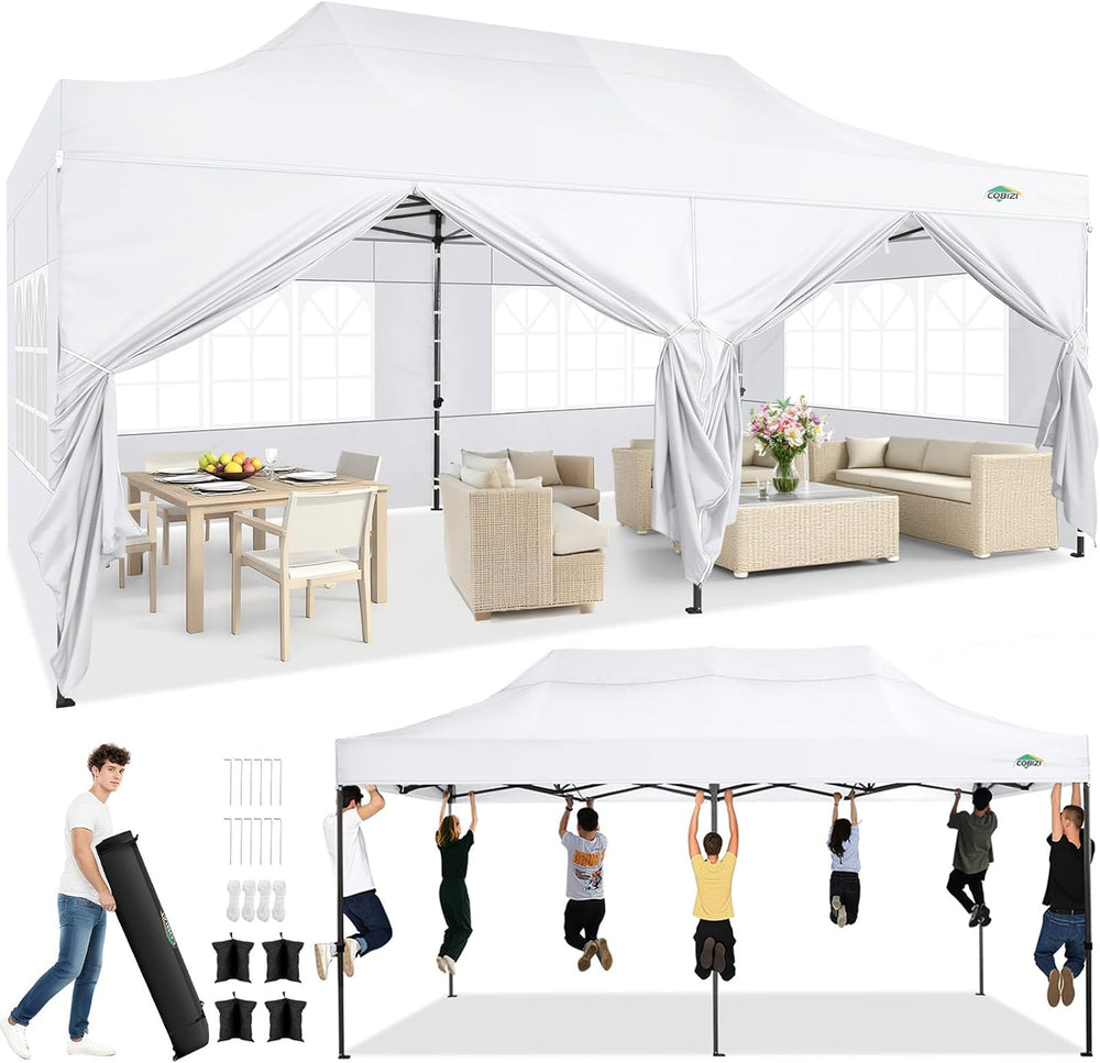 COBIZI 10x20 Heavy Duty Pop Up Canopy Tent with 6 Sidewalls Thicken Frame, Co...