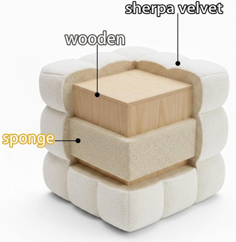 White Sherpa Square Ottoman - 17.3" Large Boucle Cube Pouf with Sturdy W...