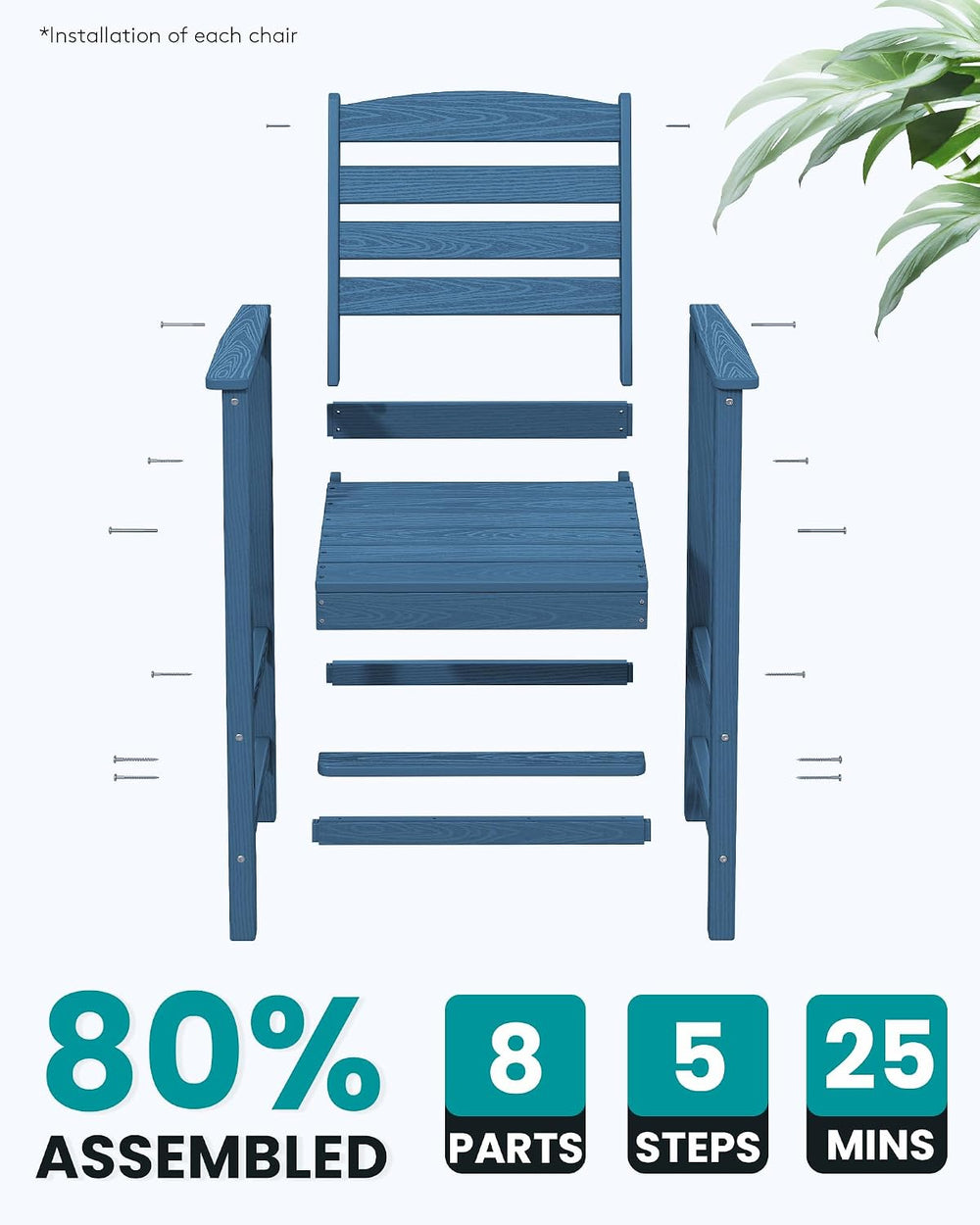 SERWALL 2-Pieces Tall Adirondack Chairs, HDPE Balcony Barstools Set, Blue