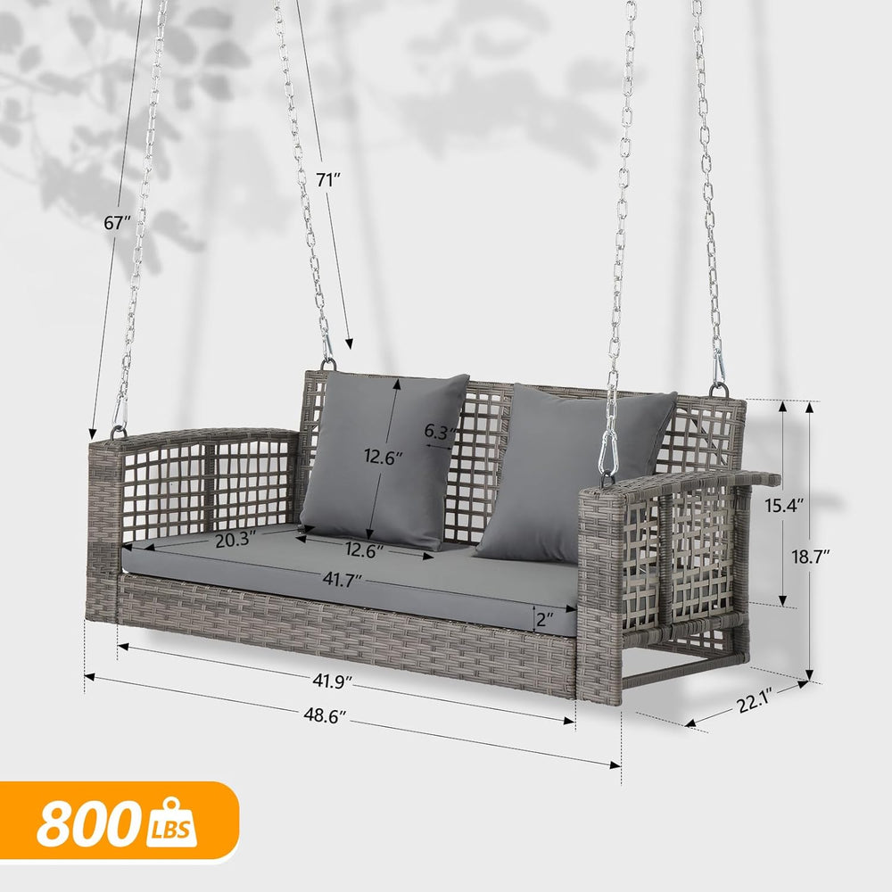4FT Wicker Porch Swing for 2 Person, 800lb Capacity Outdoor Hanging Bench wit...