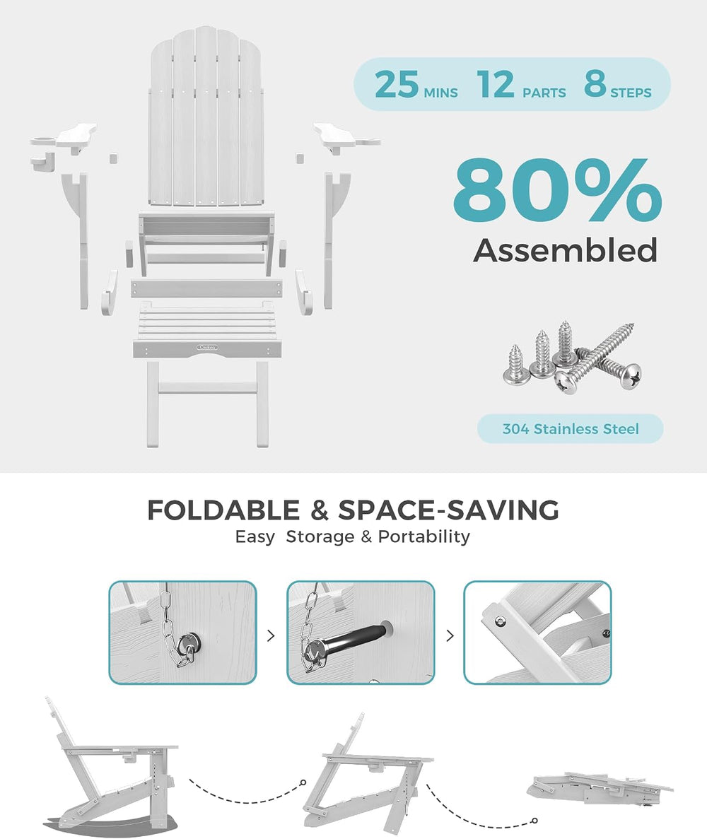 Ciokea Adirondack Rocking Chairs Set of 2 with Retractable Ottoman (White)