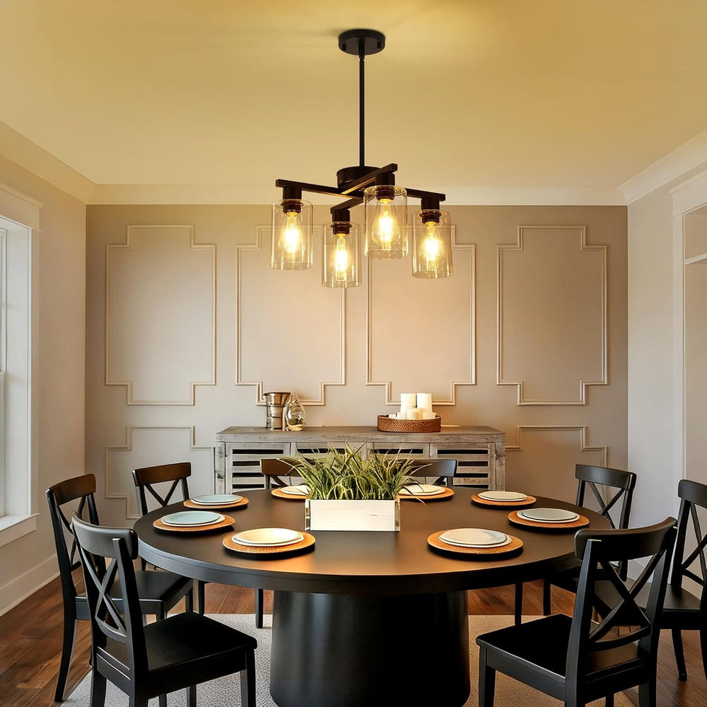 4-Light Black Farmhouse Chandelier, Adjustable Height Pendant Lighting