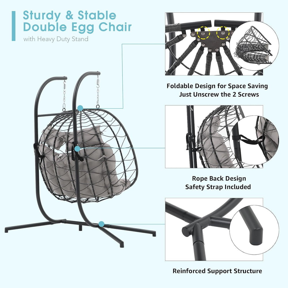 Patiorama 2 Person Double Egg Swing Chair with Stand, Wicker, Light Grey