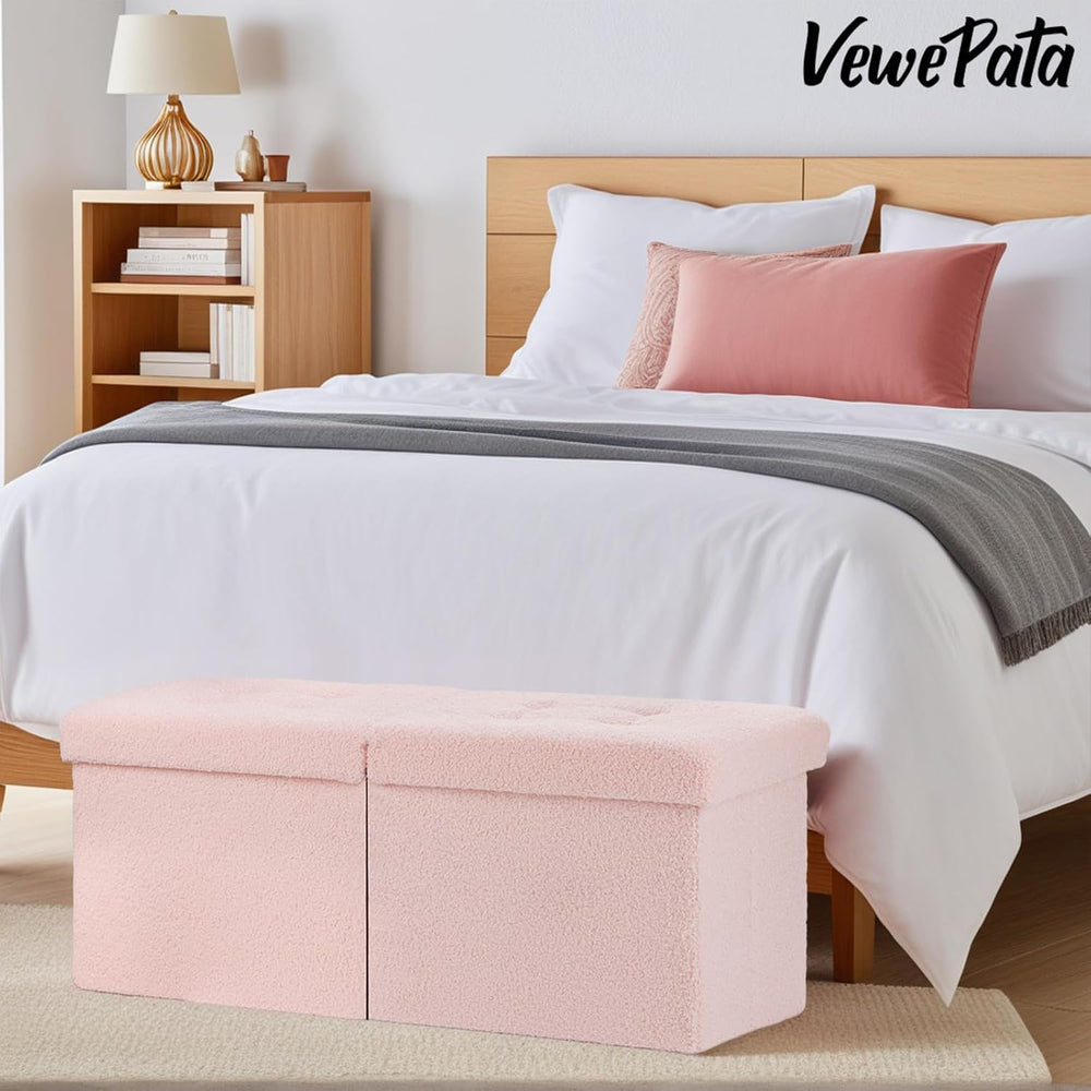 Storage Ottoman Bench, 34" Teddy Velvet Folding Foot Rest, Pink