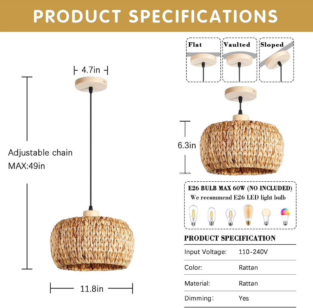 Hand-Woven Rattan Pendant Lights Kitchen Island wiht 12 Inch Wickel Shade