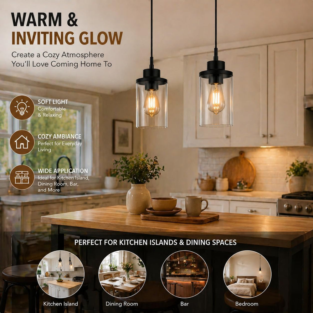Black Farmhouse Pendant Light, Clear Glass Cylinder Hanging Fixture