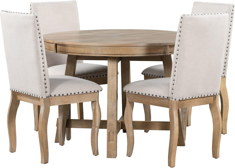 Knocbel Farmhouse 4-Person Extendable Dining Table Set, 5-Piece Dinette Set w...