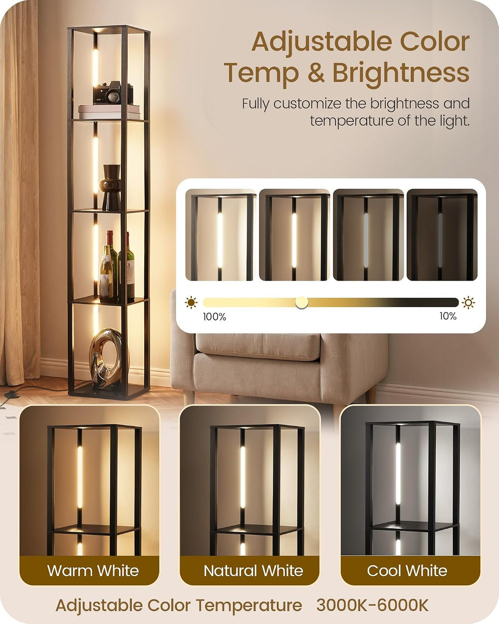 64.2" Display Shelf with Light, Modern Corner Floor Lamp with Shelves, 3...