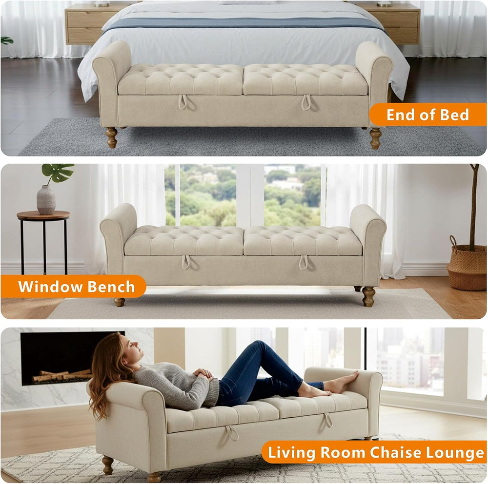 Storage Bench for Bedroom, 65.2'' Tufted End of Bed King Size Upholst...