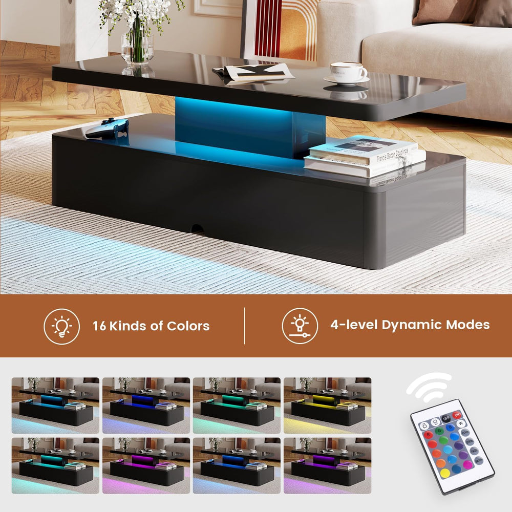 40" Modern Living Room Tables, LED Coffee Table with LED Lights, 2 Tier ...