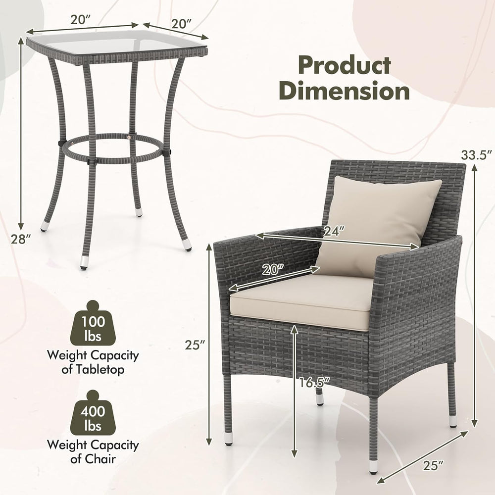 DORTALA Wicker Patio Furniture Set 3 Piece, Small Outdoor Table & Chairs ...