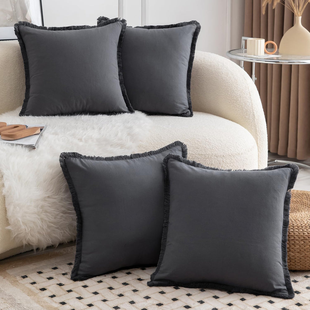 MANDIOO Set of 4 Neutral Cotton Fringe Decorative Throw Pillow Covers 22x22 I...