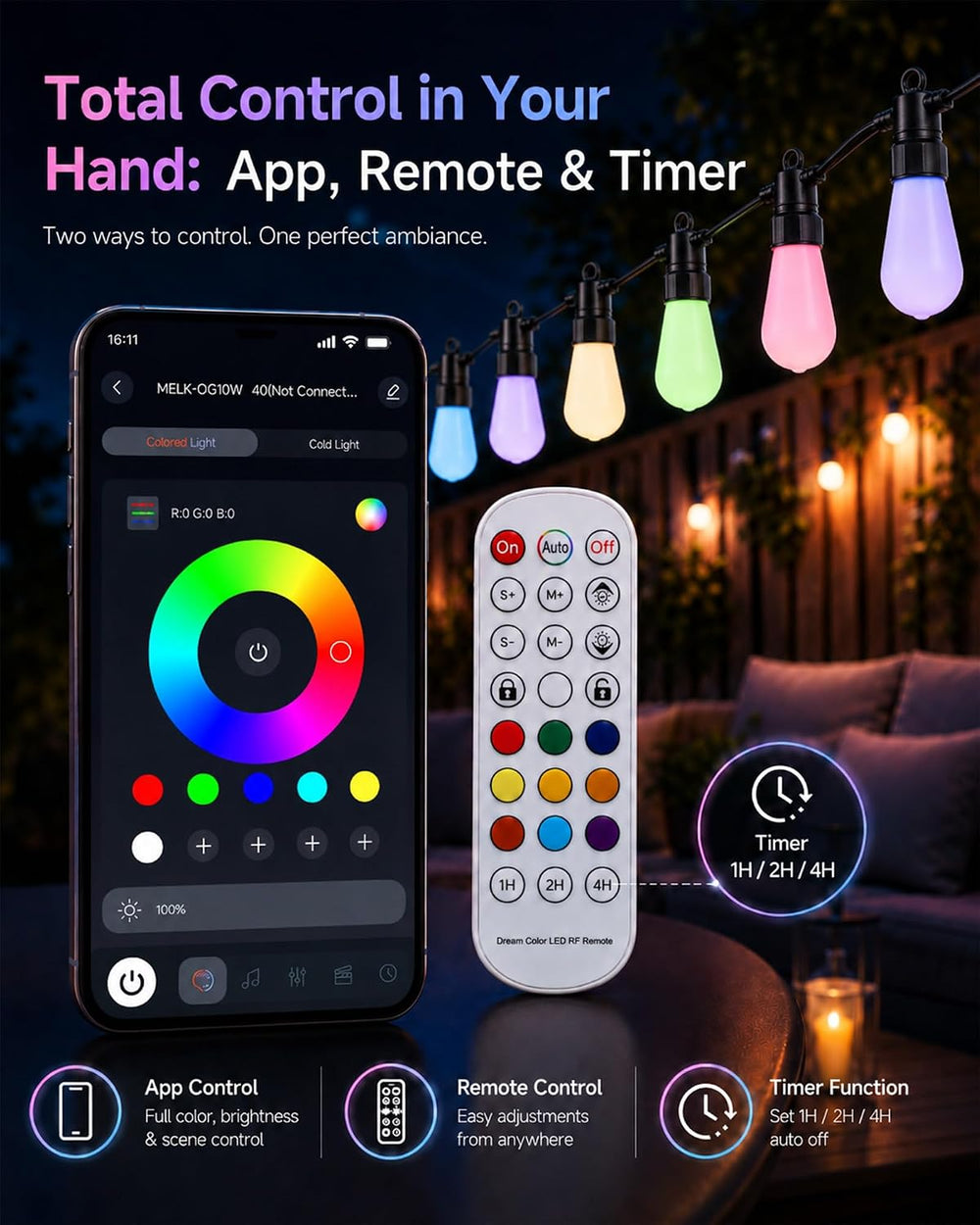 Smart Outdoor String Lights, 100FT RGBW Color Changing Patio Lights with Remo...