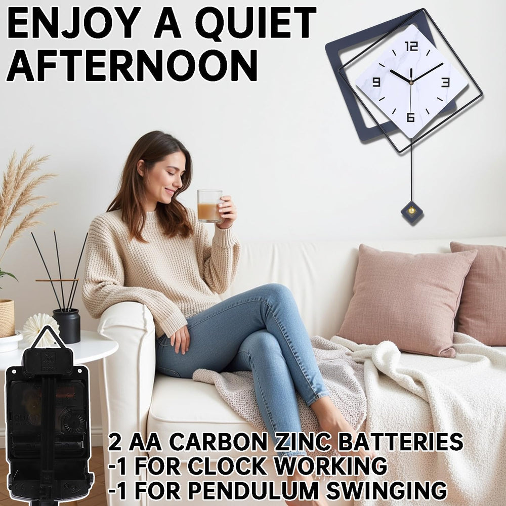 Wall Clock with Pendulum, Silent Quality Quartz Battery Operated, Metal Moder...
