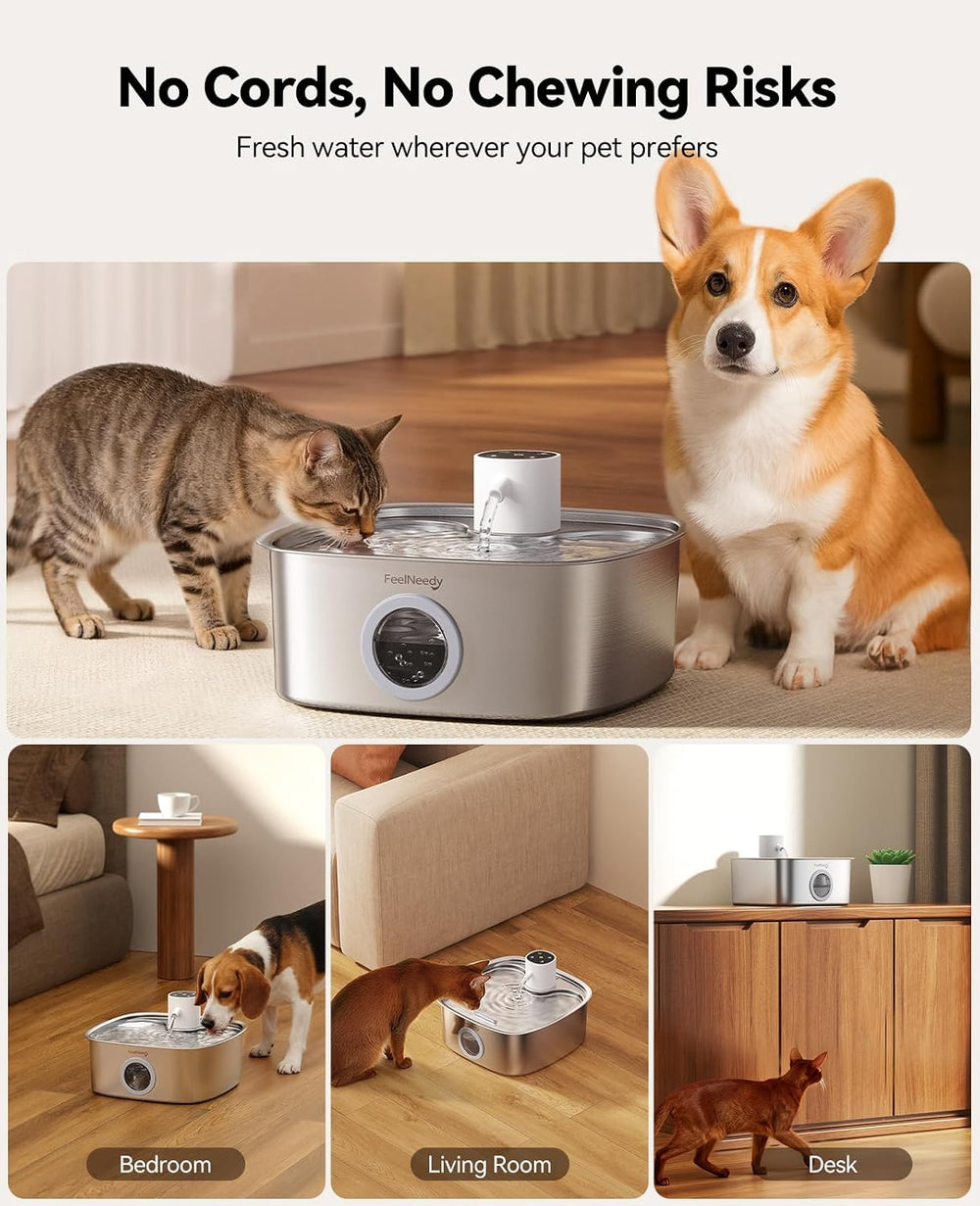 Cordless Wider Tray Dog Water Fountain, 5000mAh Battery Operated Dog Water Bo...