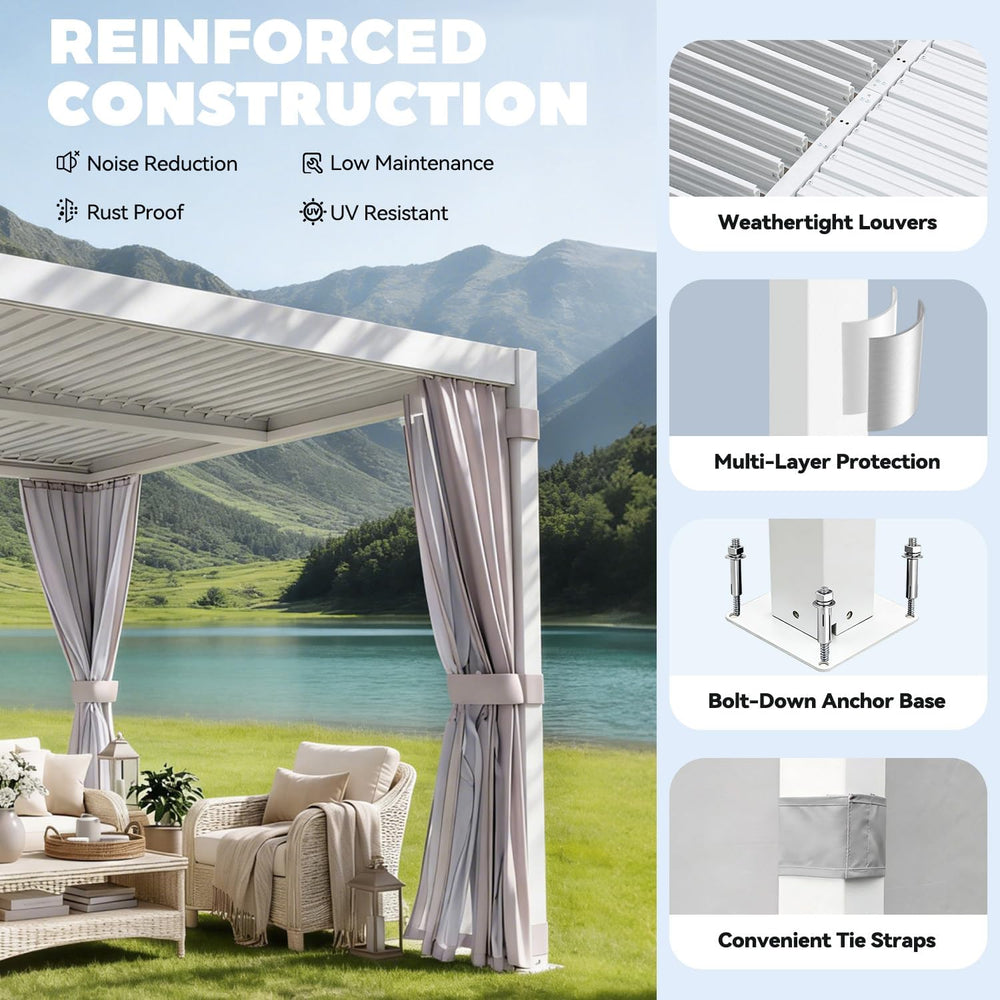 MELLCOM 10x12 Louvered Pergola Adjustable Roof w/Curtains & Mesh