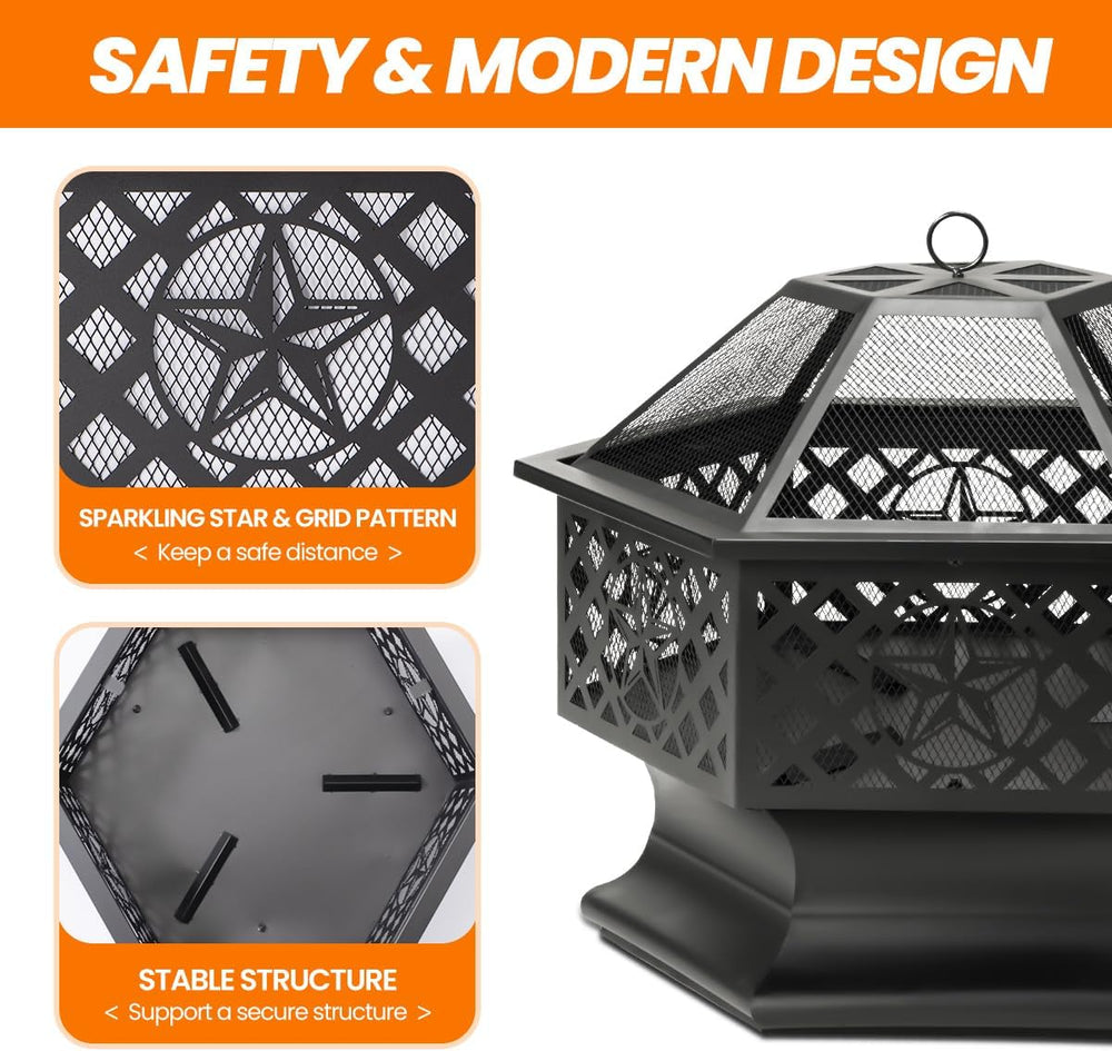 Panovue Outdoor 28 Inch Hex-Shaped Fire Pit with Spark Screen Black