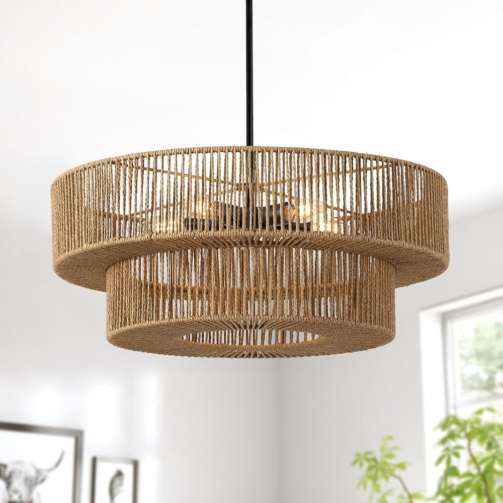 22" Large Boho Rattan Chandelier, Hand Woven Wicker Pendant Light