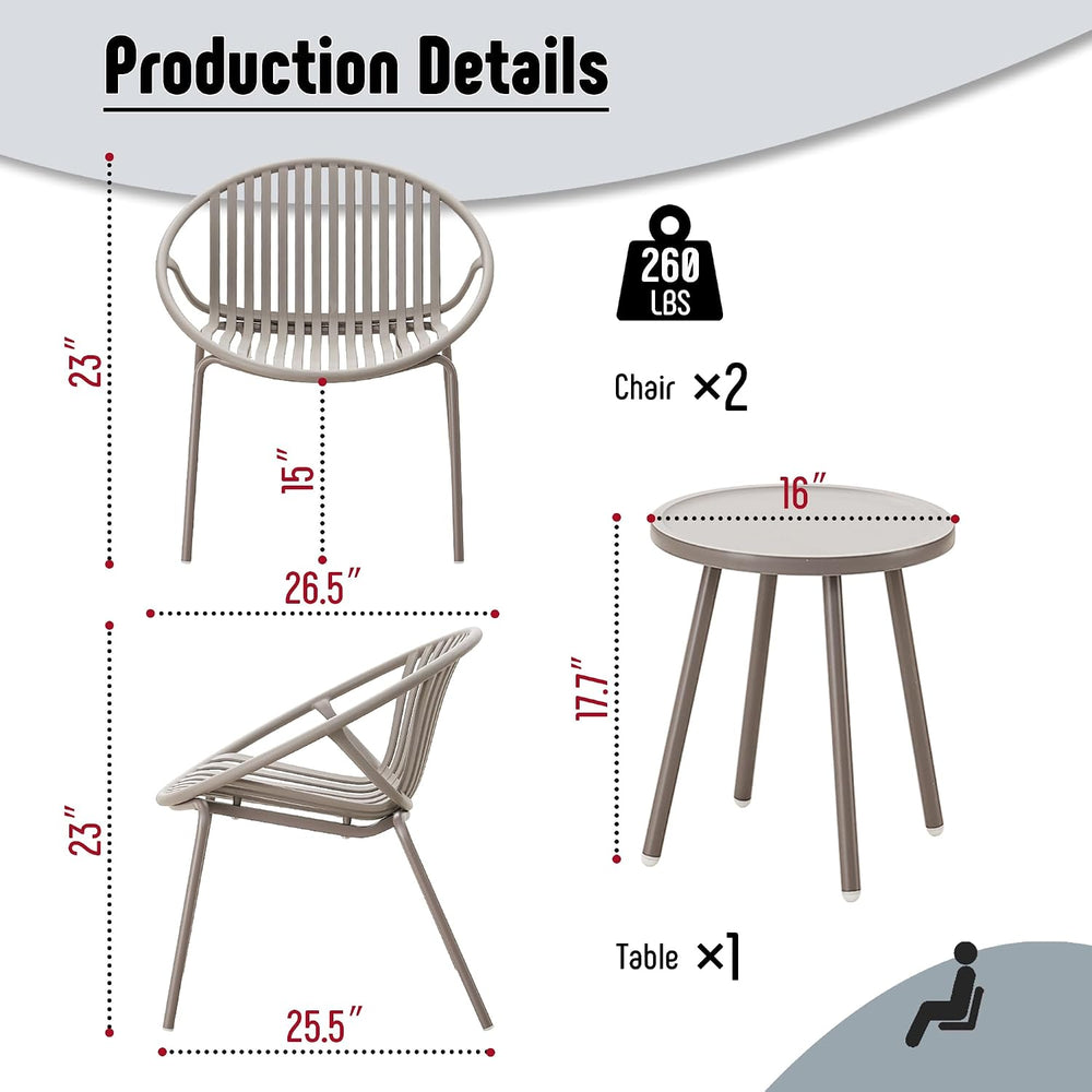 Werph 3-Piece Outdoor Bistro Table and Chairs Set for Backyard & Deck, Grey