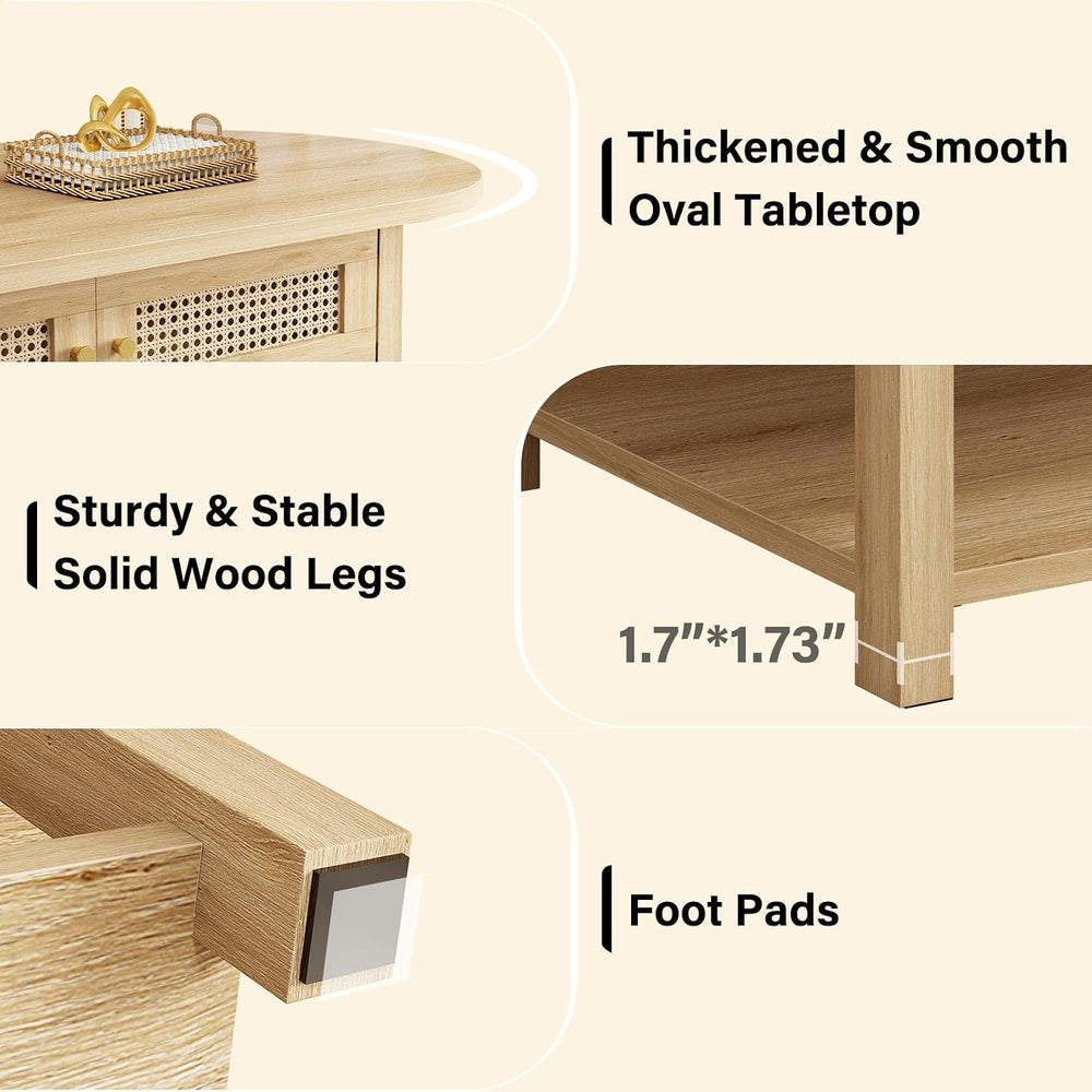 LVB Oval Coffee Table, 47" Rattan Boho Wood Living Room Table with Storage