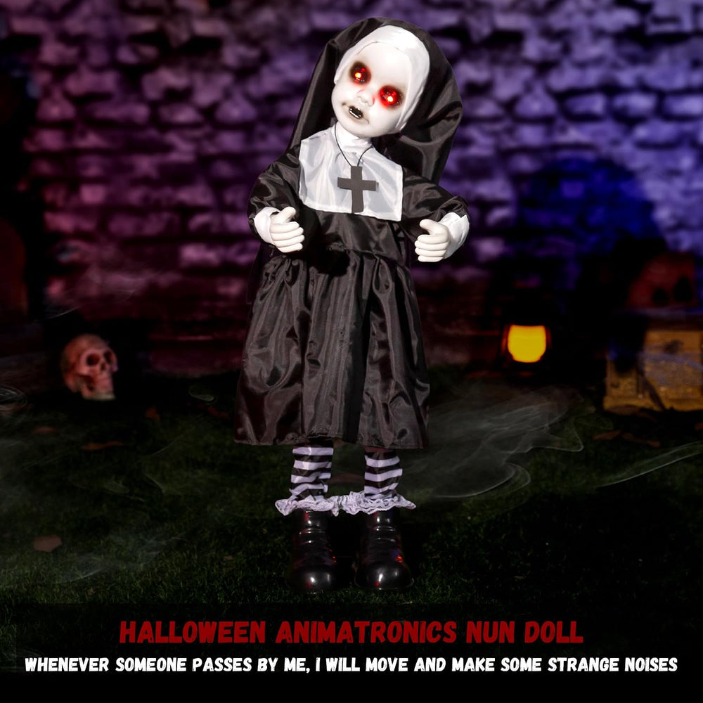 Halloween Animatronic Nun Doll Decorations, 25-33 Inch Scary Zombie Nun with ...