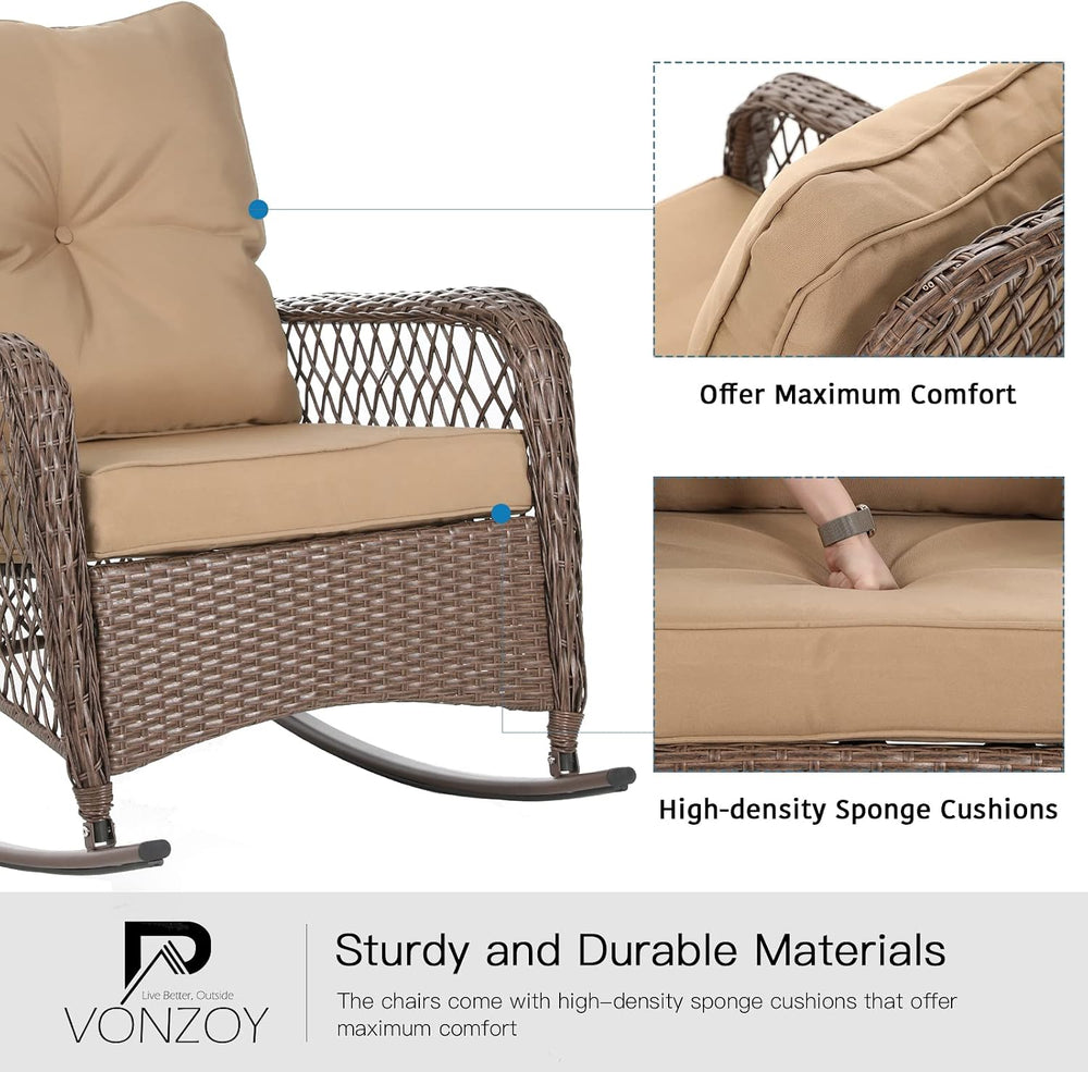 Patio Furniture Set 3 Pieces, Wicker Outdoor Rocking Bistro Set, Khaki