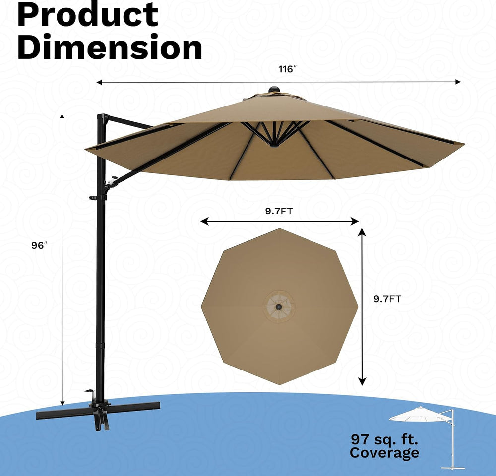 Devoko 10ft Cantilever Patio Umbrella, Round Large Outdoor Umbrella with 360-...
