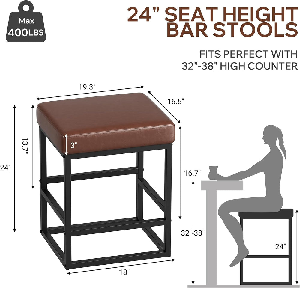 Bar Stools Set of 2, 24in Counter Height Barstools, Faux Leather Counter Stoo...