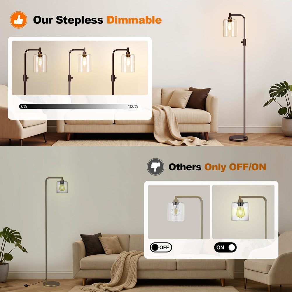 【Upgraded】 Dimmable Floor Lamp for Living Room with Glass Lampshade, Brown wi...